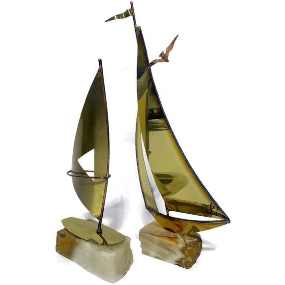 Sailboat Nautical Metal Art Brass Copper & Steel On Stone Onyx Base Set of Two - Picture 1 of 10
